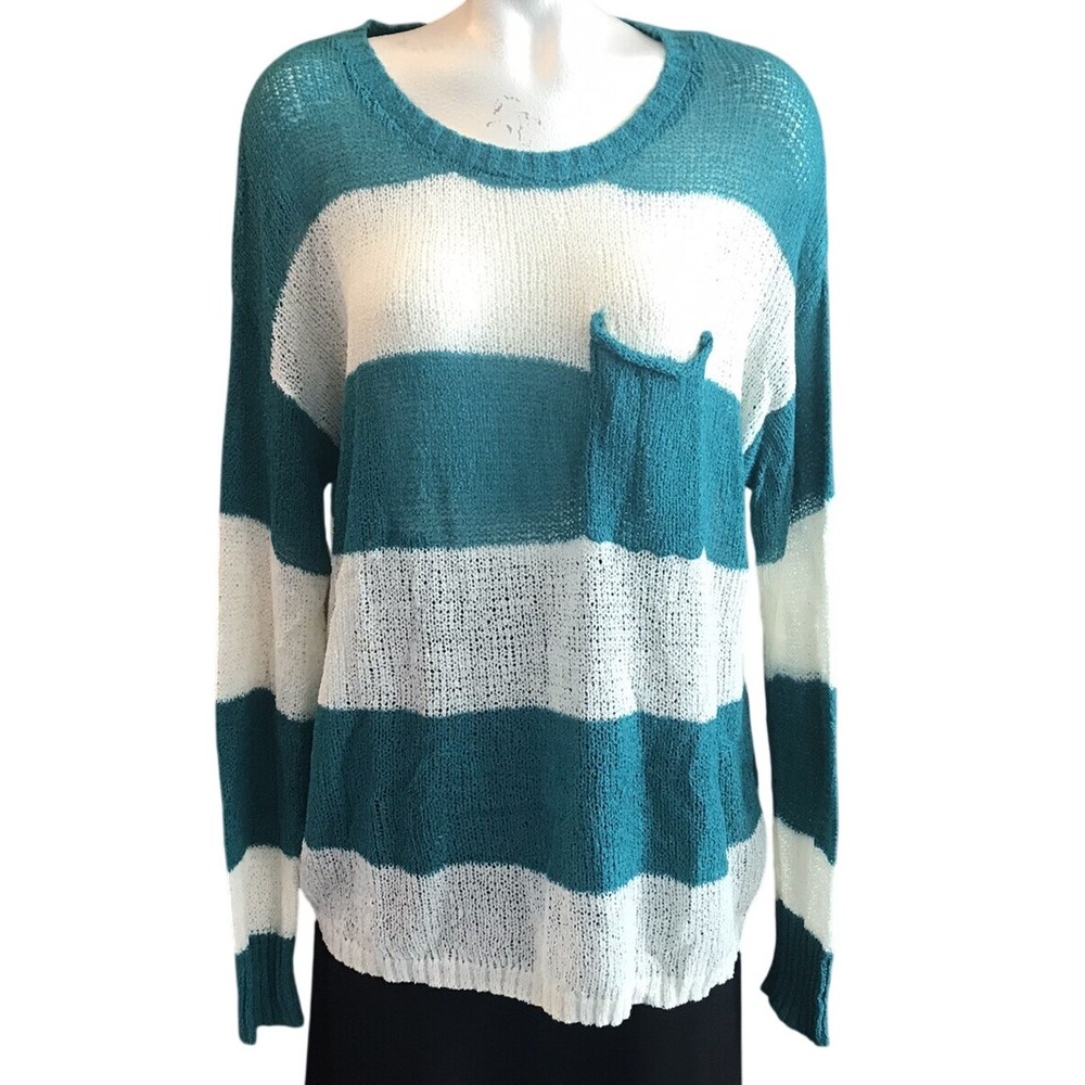 Levi Striped Knit Sweater Top Teal White Long Sleeve Pocket Casual Pullover‎